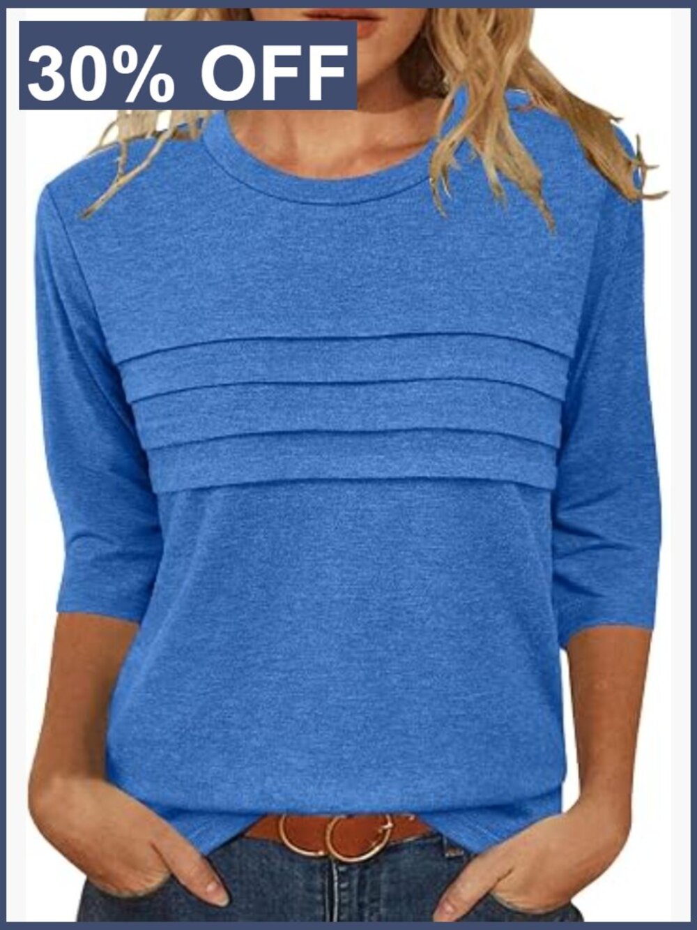 3/4 Sleeve Casual Tunic Tops Pleated Crew Neck Blouse